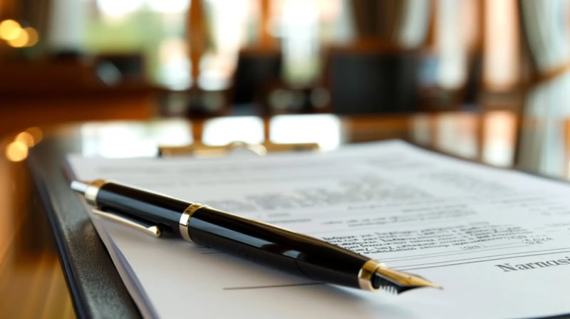 pen on top of paper on a desk inside office