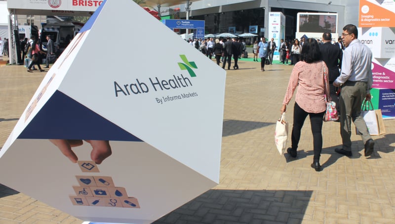 Arab Health 2020 entrance sign at Dubai World Trade Center, UAE